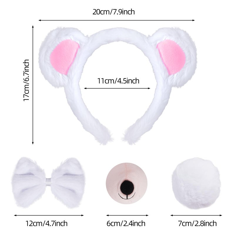 Jmkcoz 4 Pieces Bear Costume Set Bear Ears Headband and Tail Nose Bowtie for Halloween Carnival Animal Cosplay Party (White) - Image 2